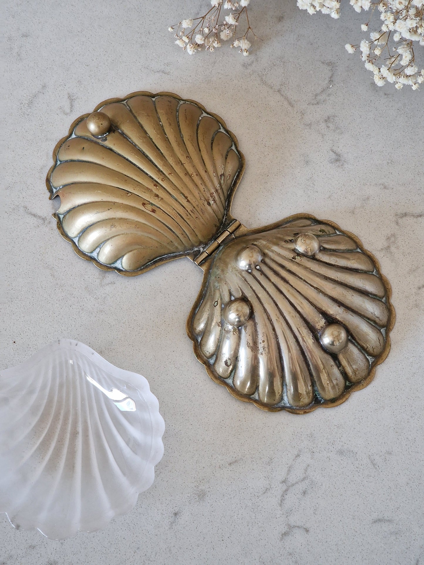 Vanha simpukkarasia lasisella sisäosalla