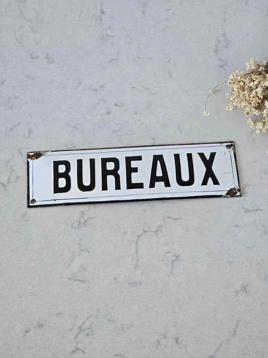 Vanha ranskalainen Bureaux Toimistot- emalikyltti.